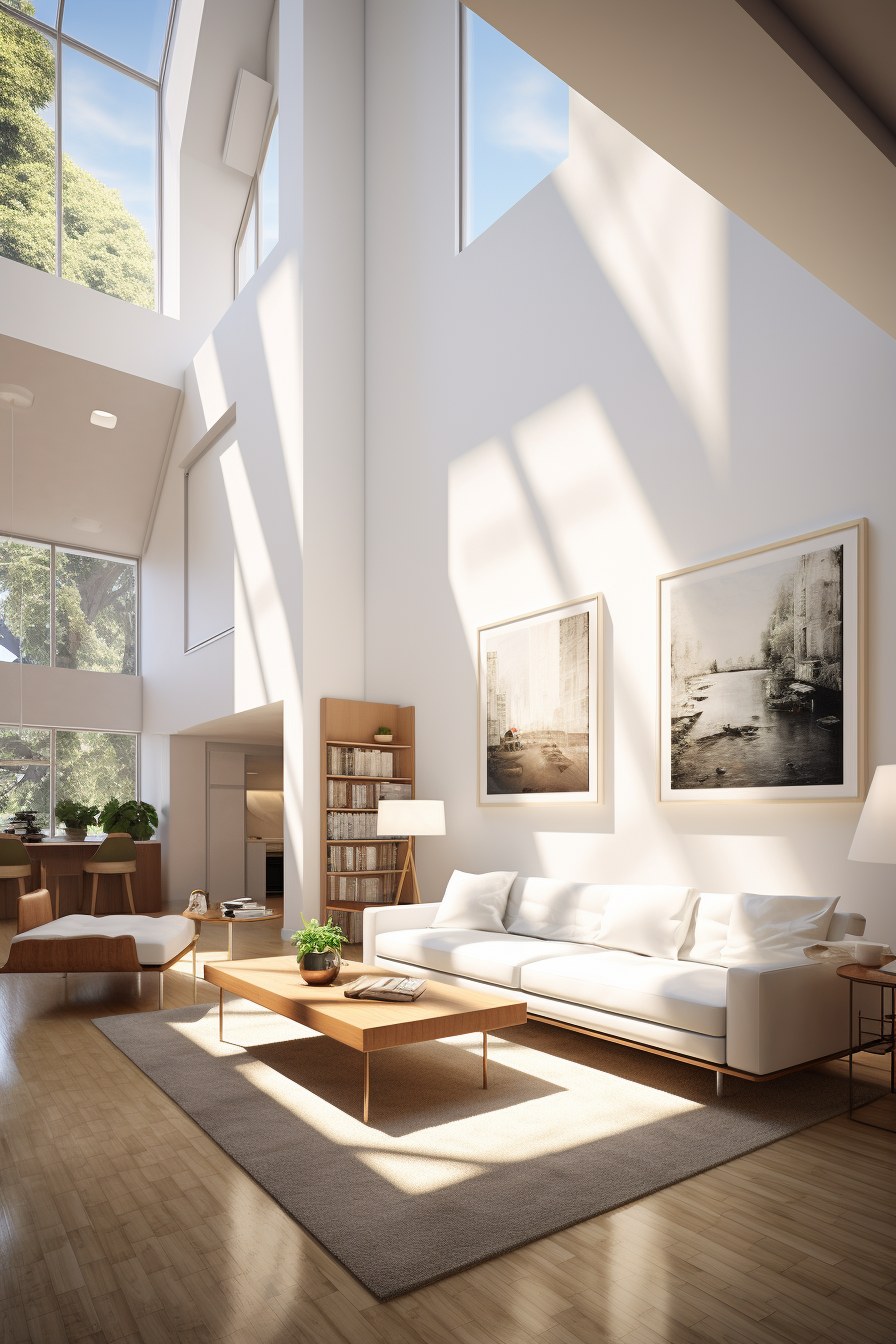 An unconventional design living room flooded with natural light through large windows.