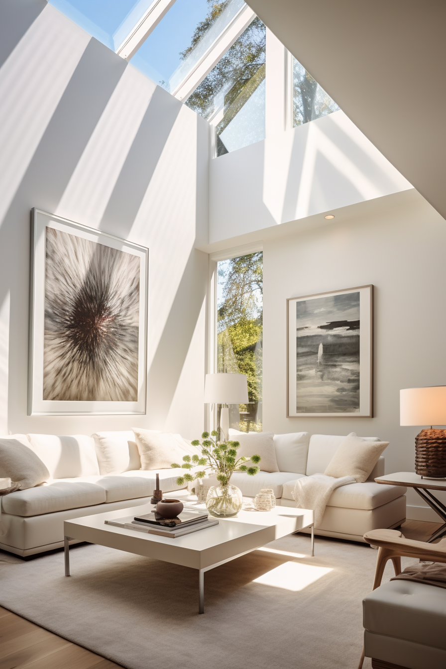 A white living room with a skylight, maximizing natural light.