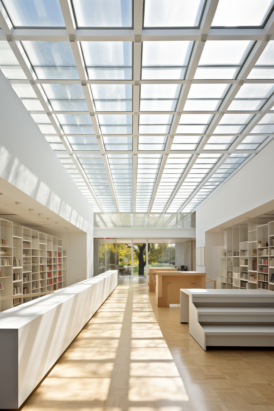 A library with a glass roof, maximizing natural light.