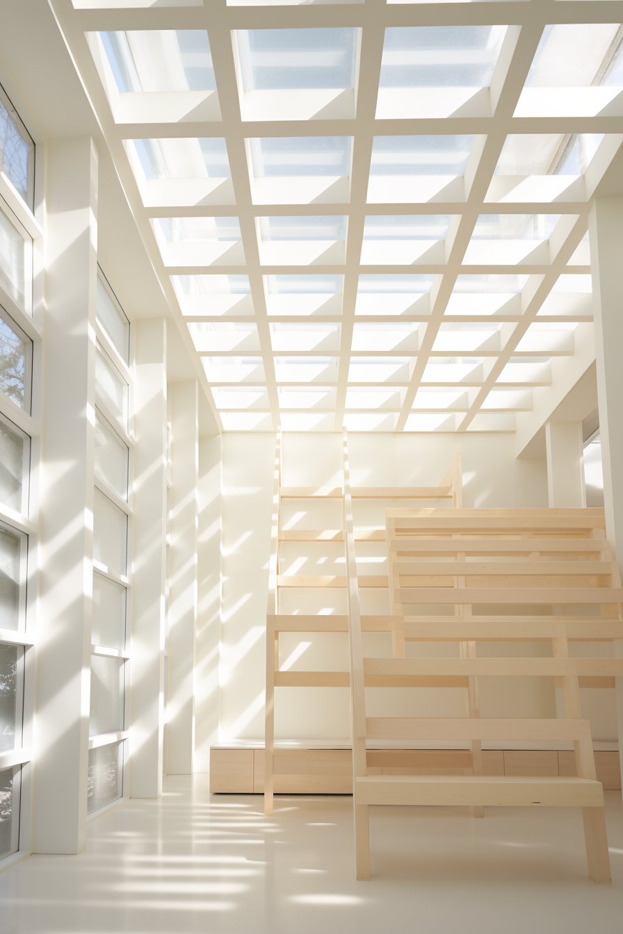 An unconventionally designed white room with wooden benches, flooded with natural light from a skylight.