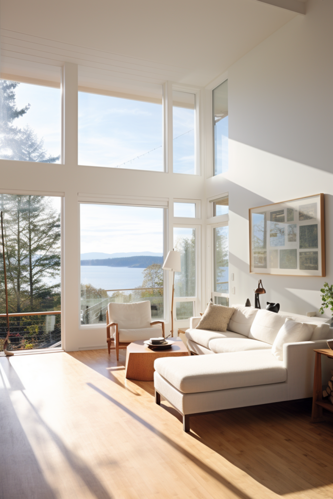 An unconventionally designed living room with large windows, maximizing natural light.