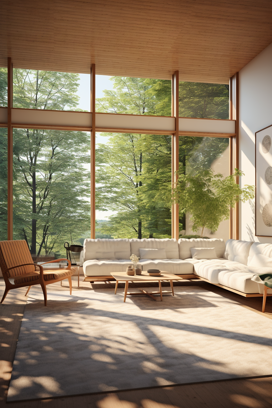 A living room with a large window maximizing natural light and overlooking a wooded area.