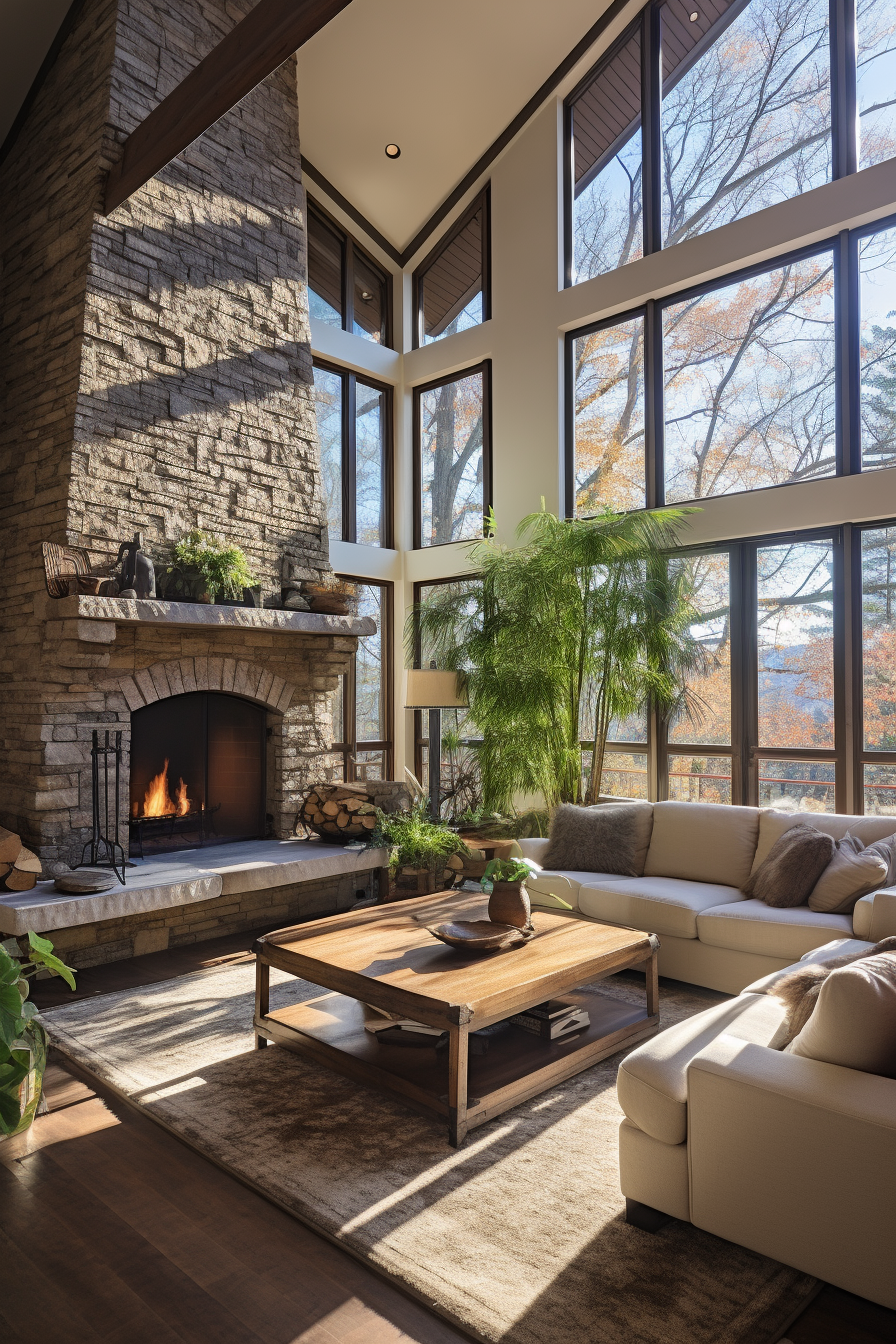 A living room with large windows that maximize natural light, complemented by a stone fireplace.