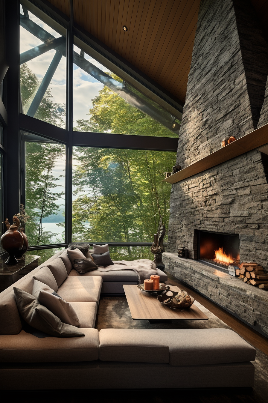 A living room with large windows, maximizing natural light and featuring a stone fireplace.