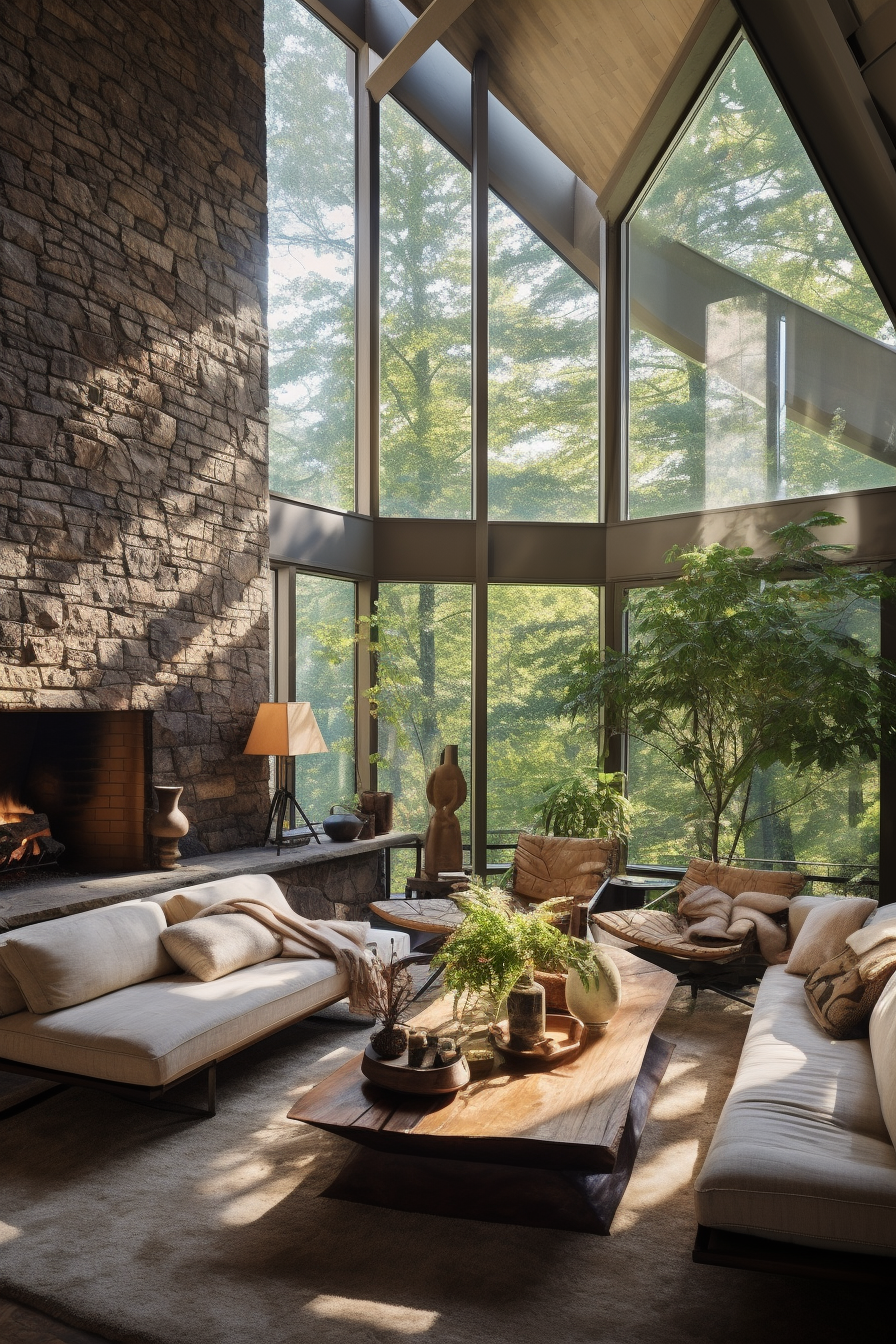 An unconventionally designed living room with large windows maximizing natural light and a stone fireplace.