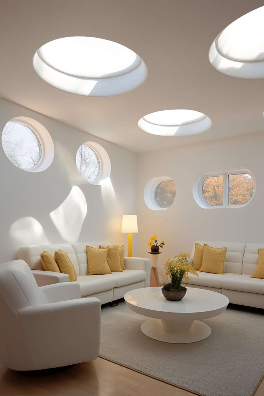 An unconventionally designed living room, maximizing natural light with a white color scheme.