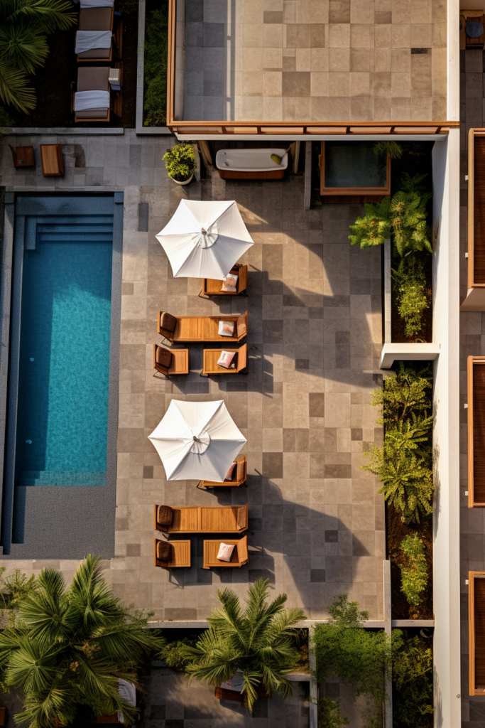An innovative design of a swimming pool and lounge chairs maximizes space in modern multi-family homes.