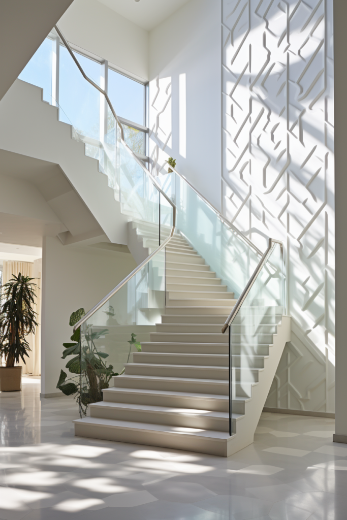 A white staircase with glass railings in a modern home featuring innovative designs.