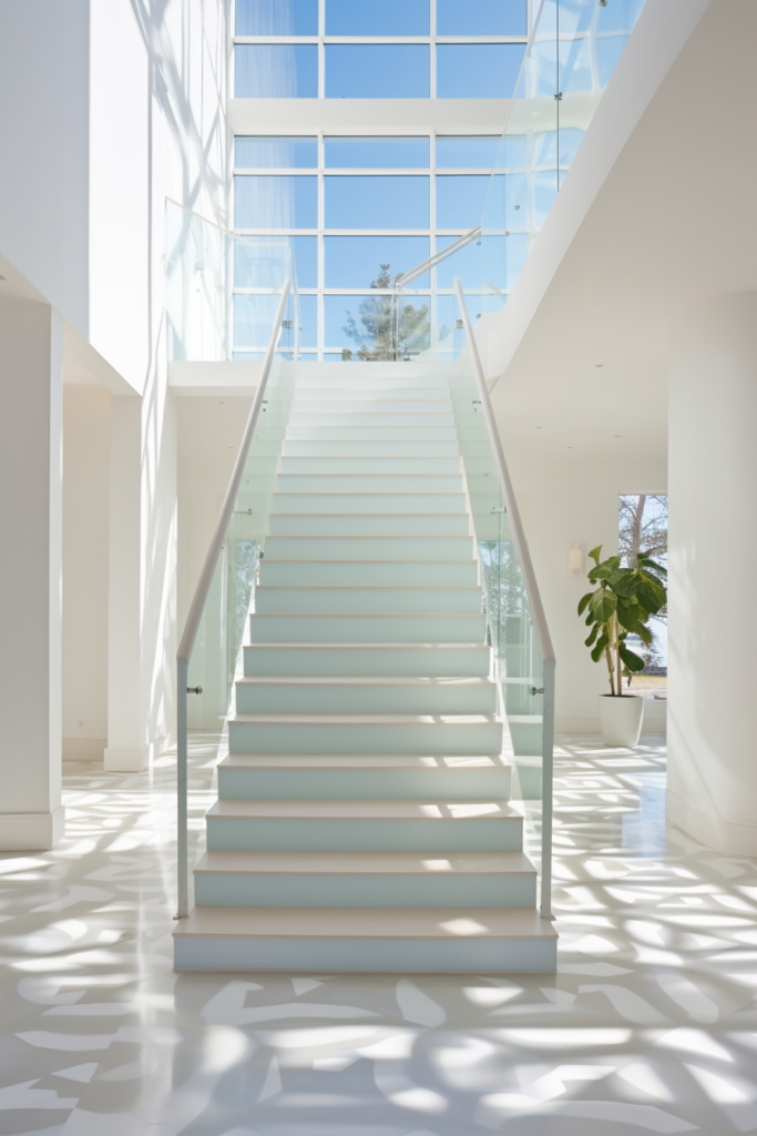 A modern staircase with glass railings, maximizing space for innovative designs in multi-family homes.