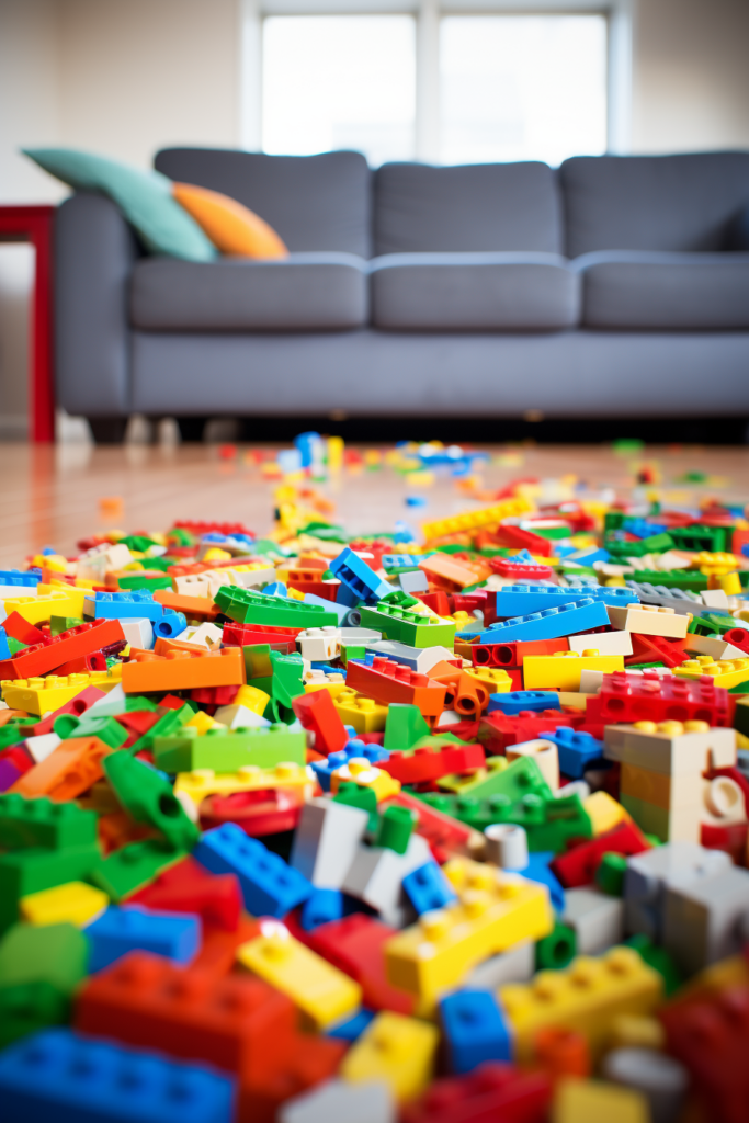 A pile of innovative legos maximizing space in a modern multi-family living room.