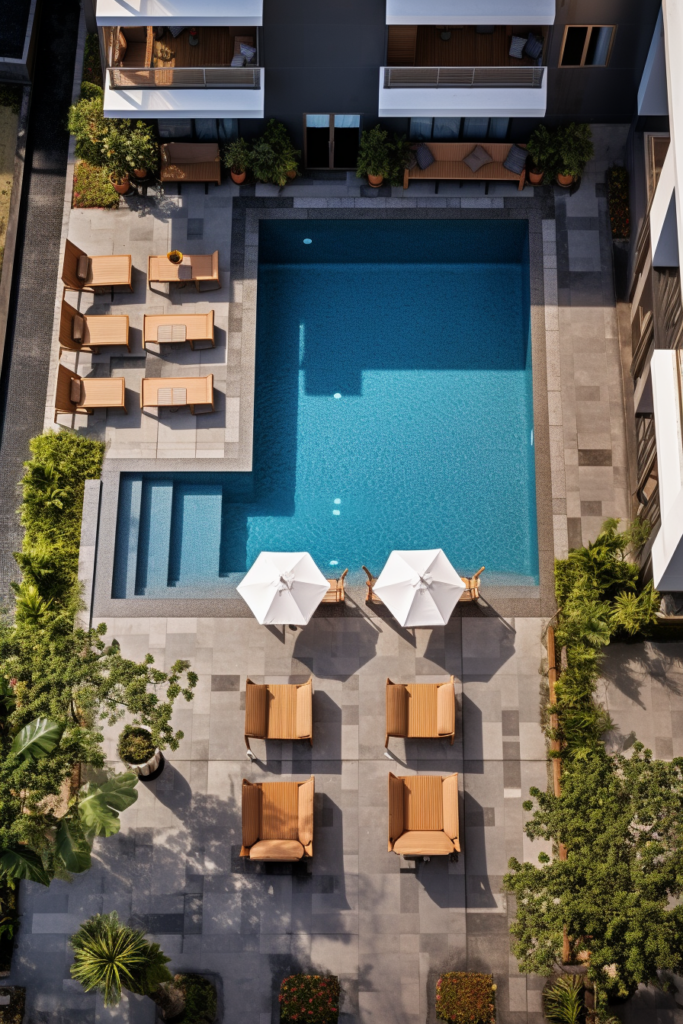 An aerial view of an innovative apartment complex with a swimming pool maximizing space.