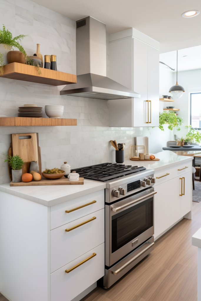 An innovative white and gold kitchen with a stove and oven, maximizing space.