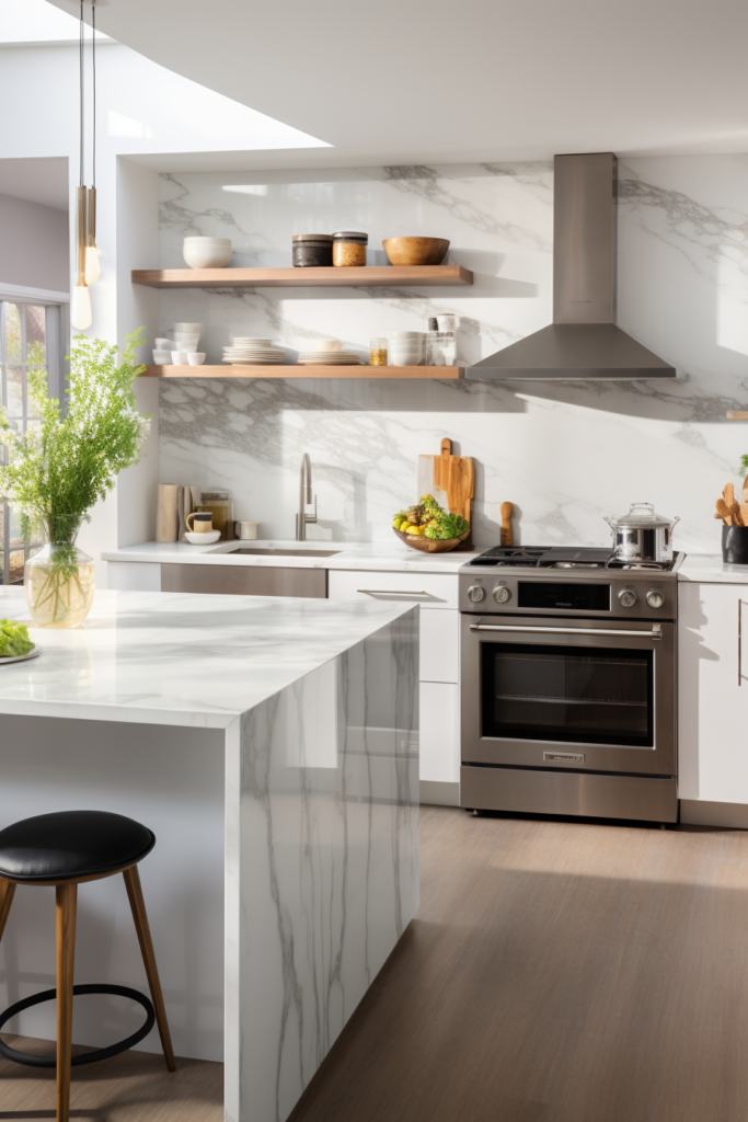 An innovative white kitchen with marble counter tops, maximizing space in modern multi-family homes.