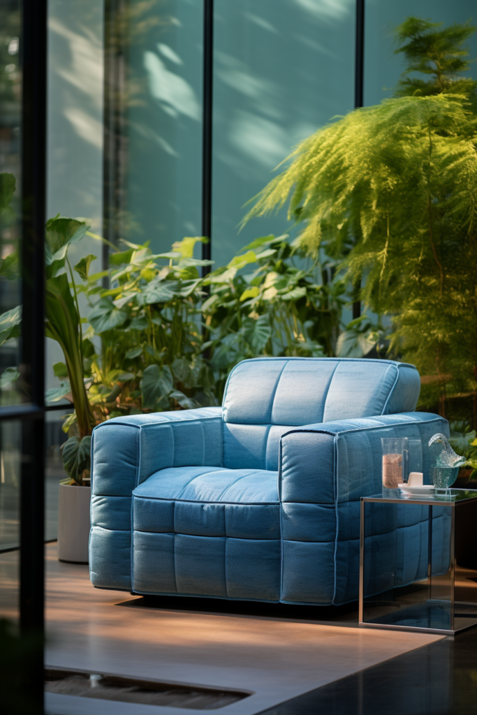A modern blue leather chair maximizes space in front of a window through its innovative design.