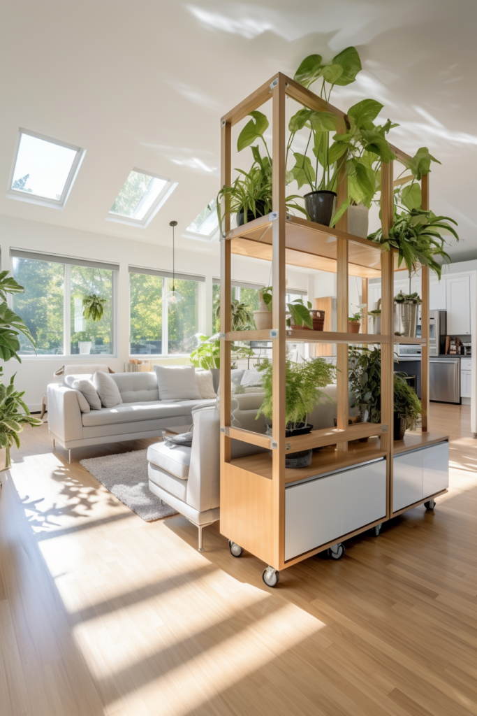A modern living room with a shelf maximizing space and filled with a lot of plants.