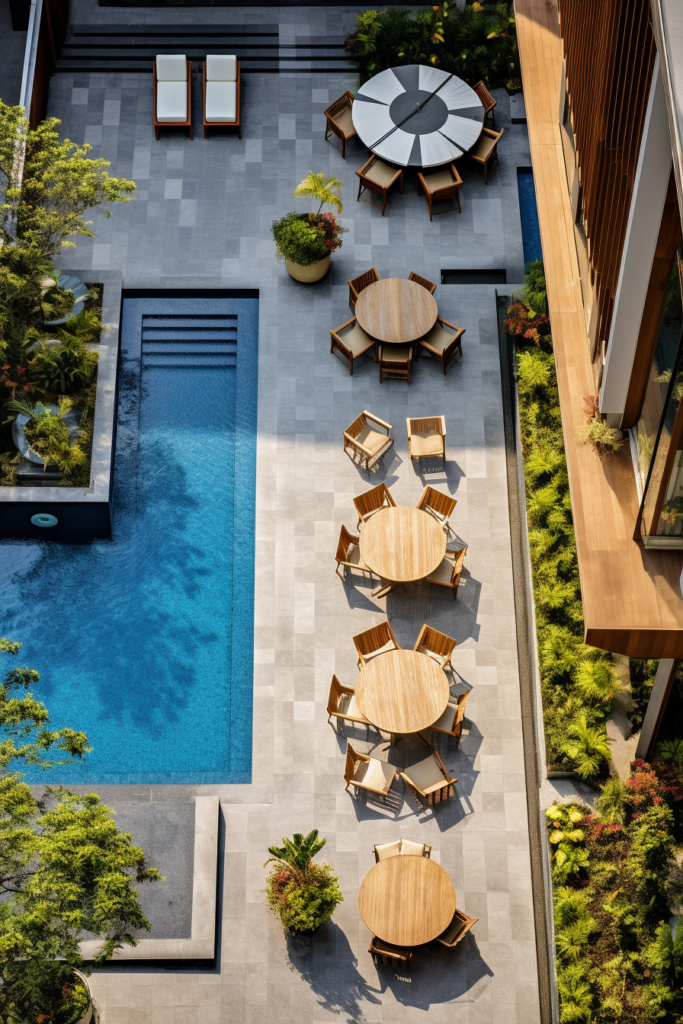 An aerial view of a swimming pool integrated with an outdoor dining area, showcasing innovative designs for modern multi-family homes.