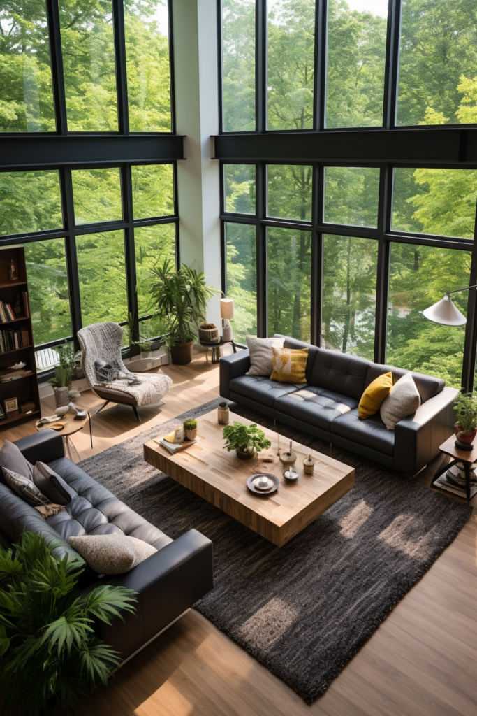 A modern living room with large windows maximizing views of a wooded area.