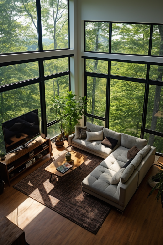 A modern living room with large windows maximizing space and overlooking a forest.