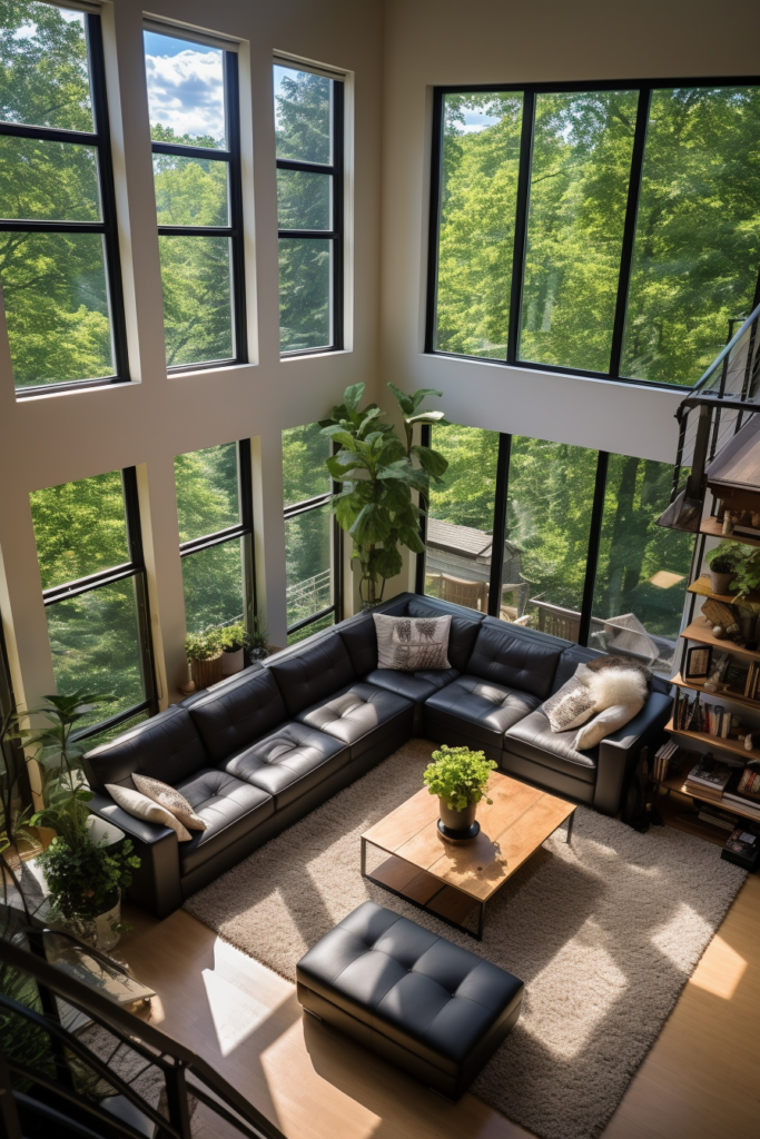 A living room with large windows overlooking a wooded area in innovative designs.