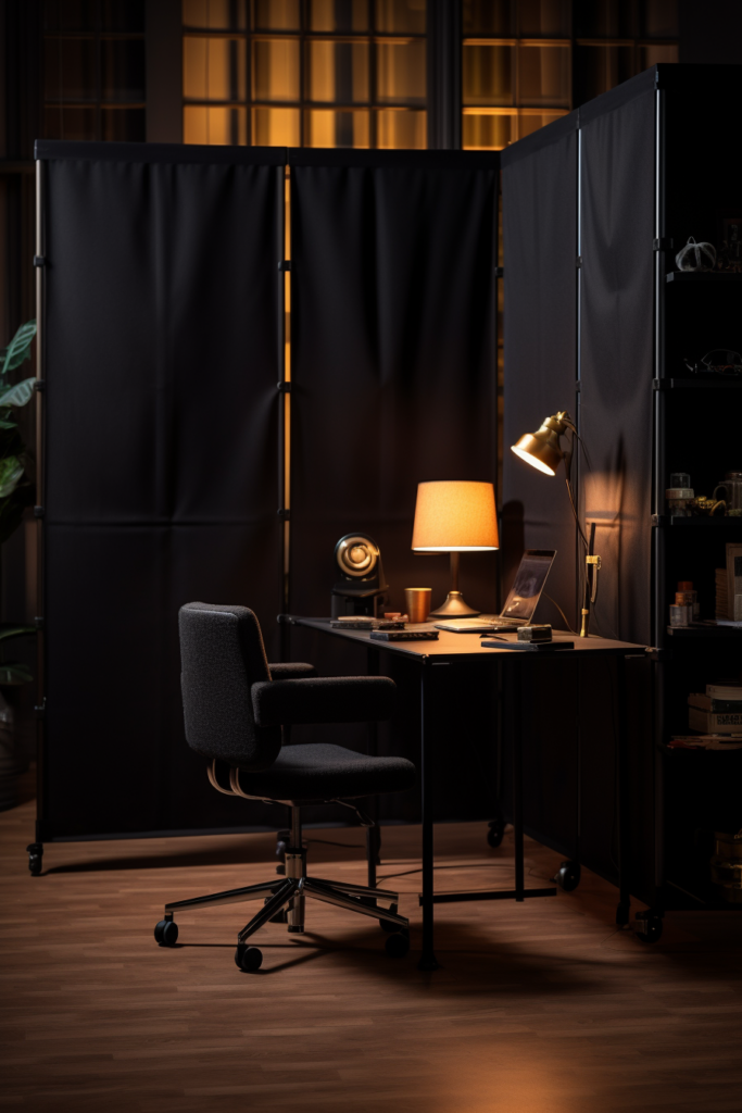 A modern black desk with an innovative lamp that maximizes space in modern multi-family homes.