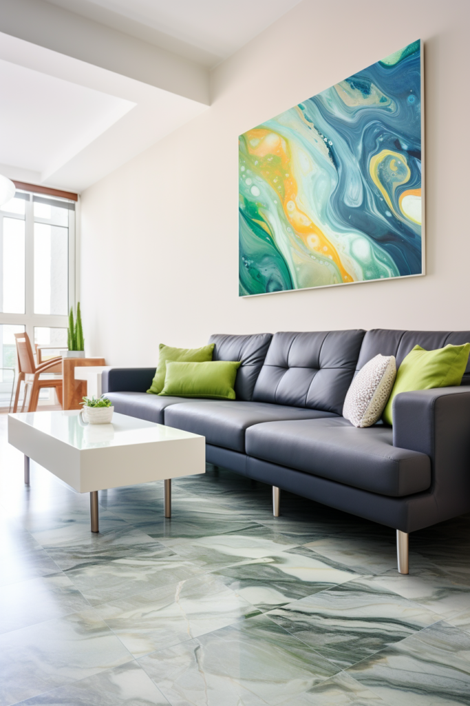 A modern living room with a large painting on the wall featuring innovative designs.