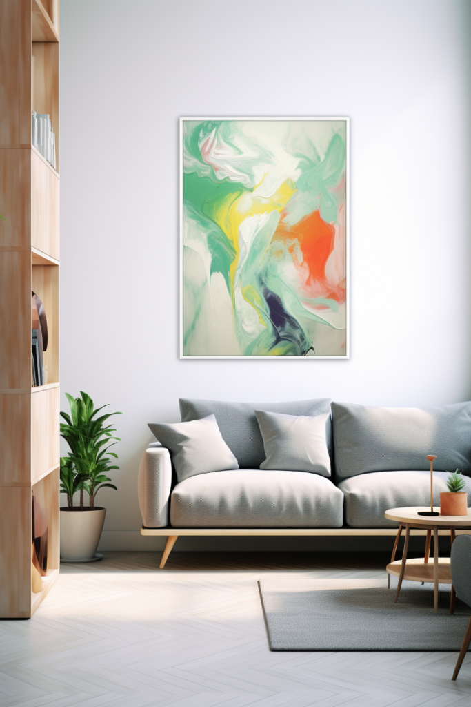 An abstract painting hangs above a couch in an innovative living room design.