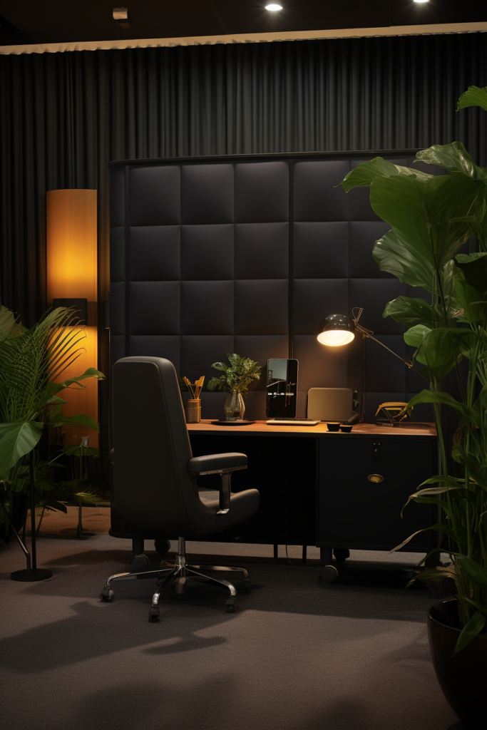 A modern black office with innovative designs, plants, and a desk.
