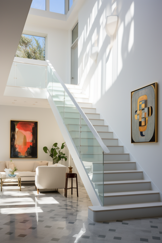 A modern staircase in a living room, maximizing space with innovative designs.