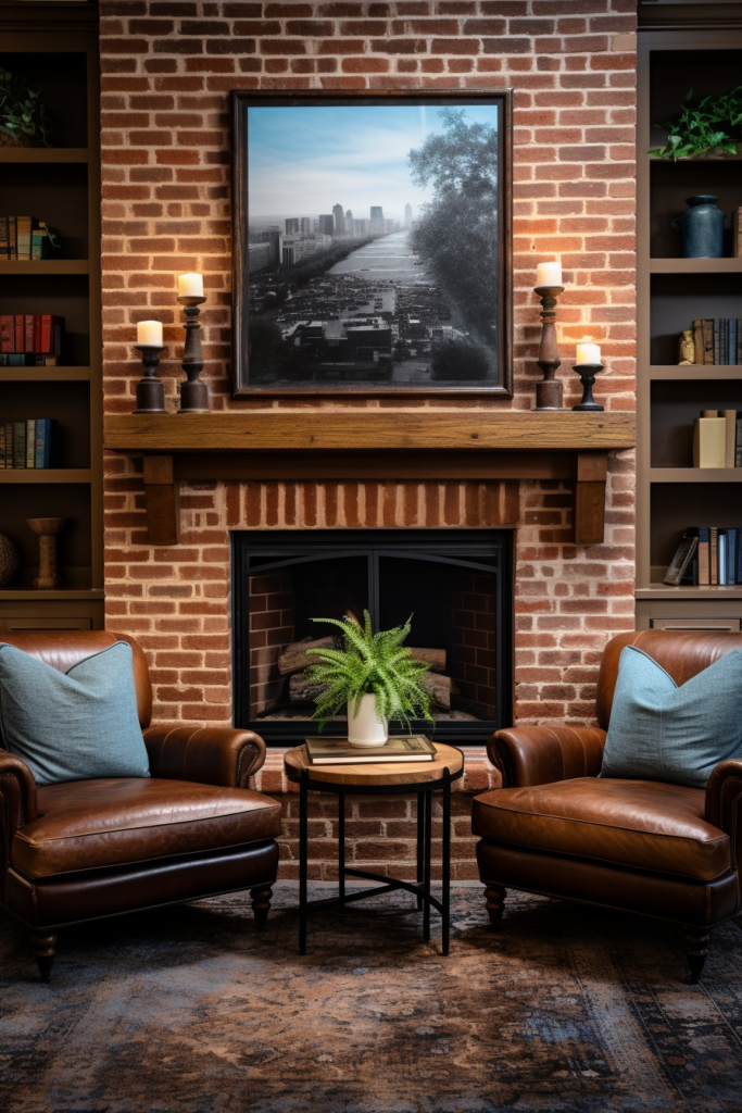 Overcoming living room layouts with a brick fireplace and leather chairs.