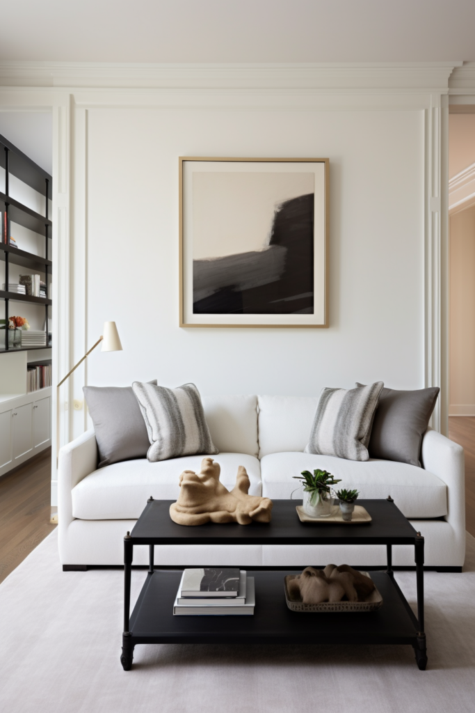 A living room with a white couch and a coffee table designed in a rectangle layout.