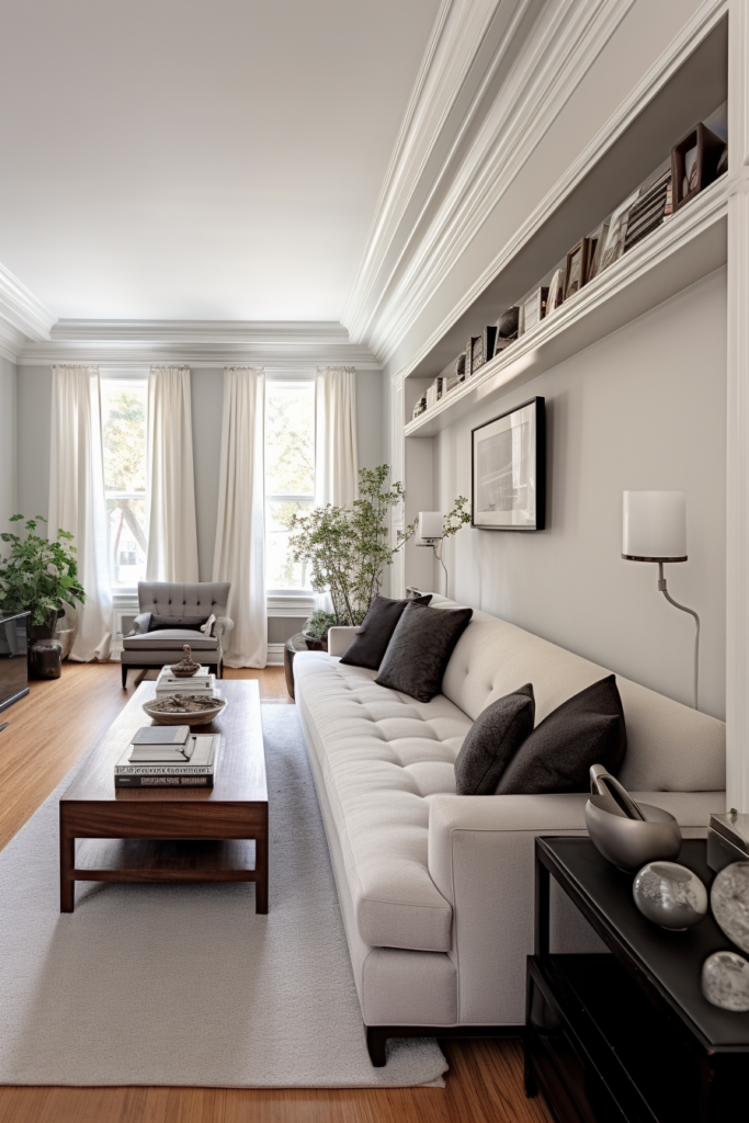 Overcoming a living room layout challenge by arranging a white couch and a coffee table.
