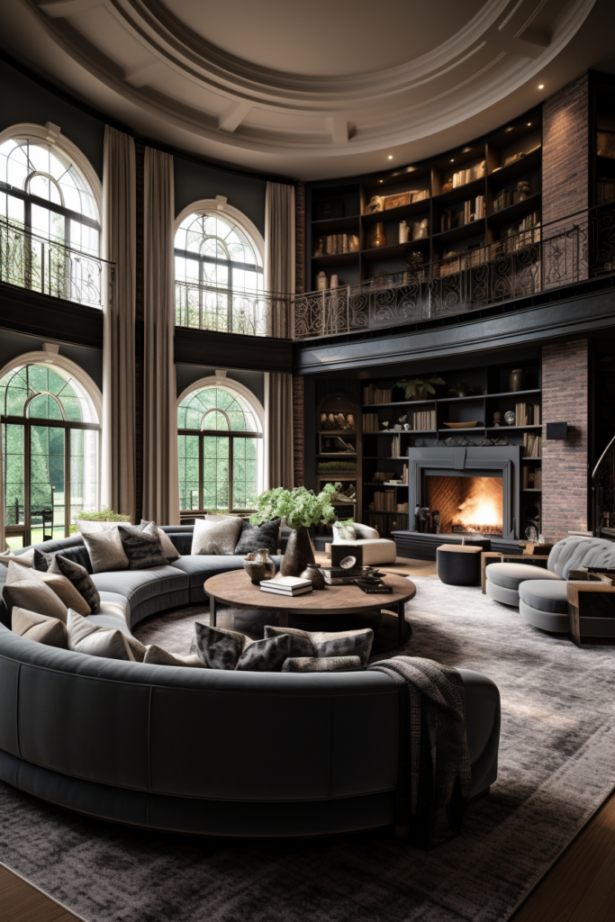 A large living room with a fireplace and bookshelves, arranged to optimize living room layouts.