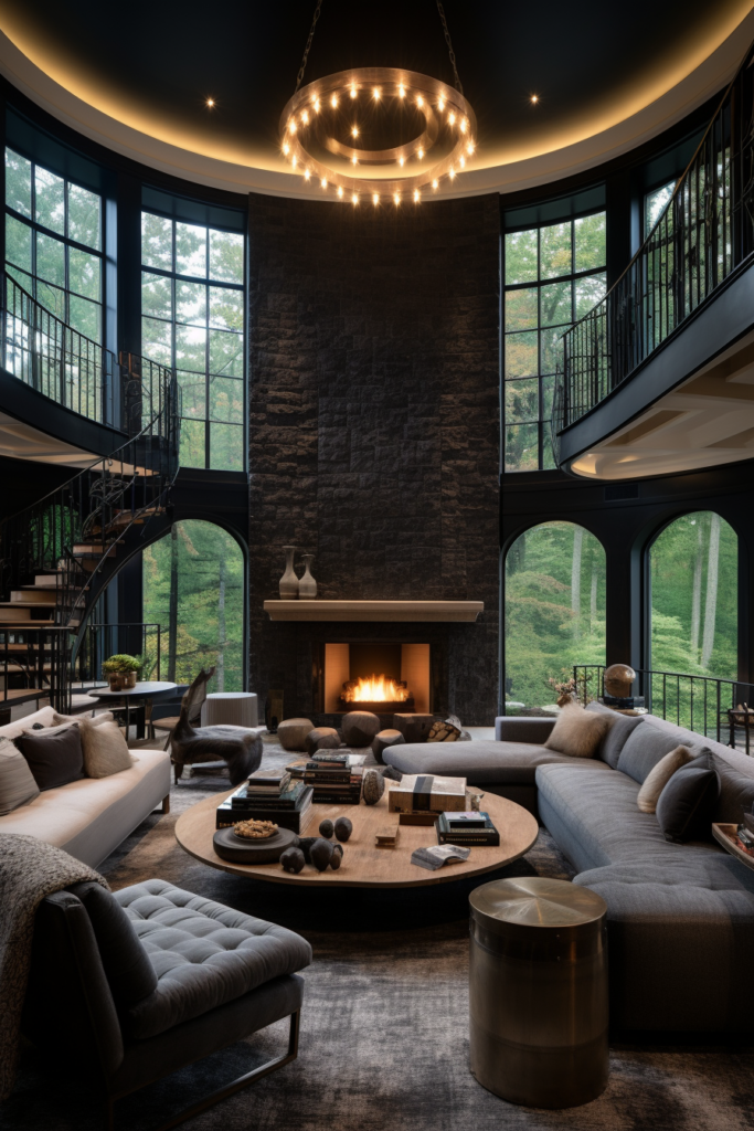 A large living room with a fireplace and large windows, perfect for arranging rectangle spaces.