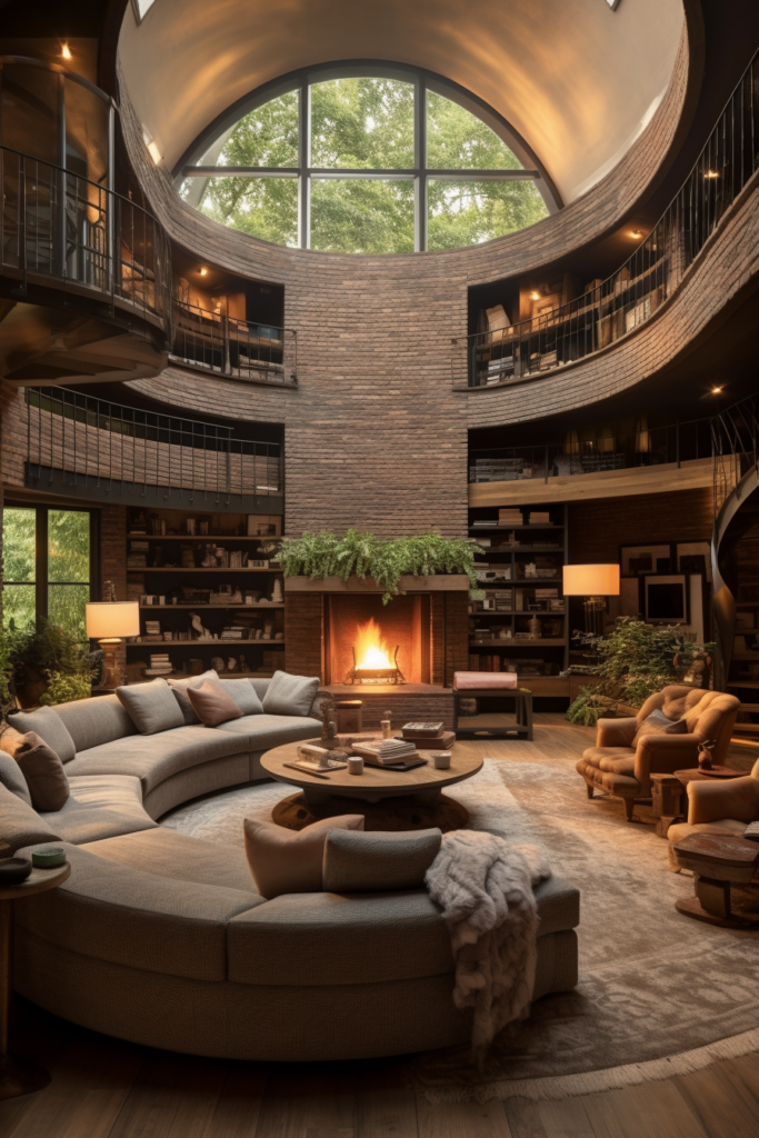 Arranging a circular living room with couches and a fireplace to overcome living room layouts.