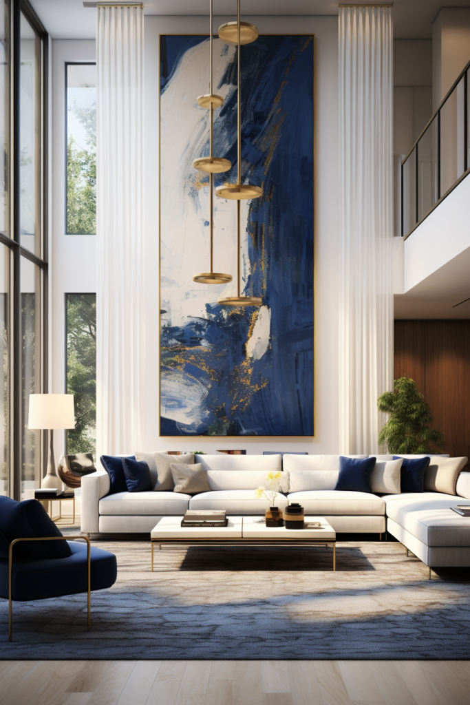 A modern living room with an arranged blue painting on the wall.