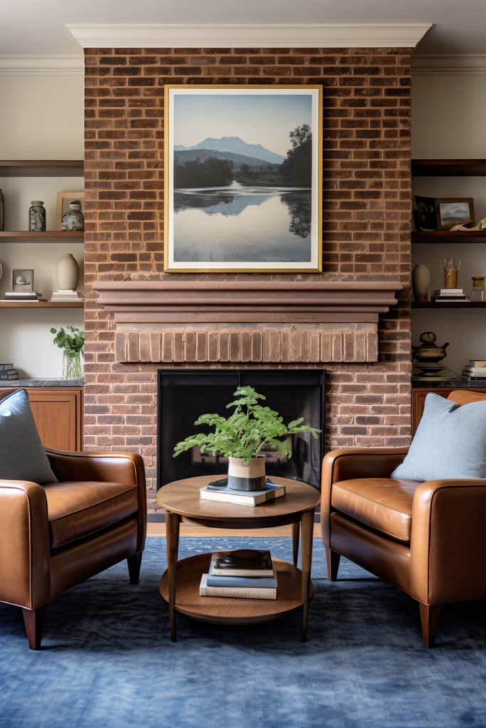A living room with brown leather furniture and a brick fireplace, overcome awkward living room layouts.