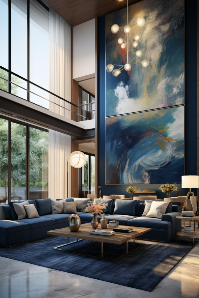 A living room with an oversized painting on the wall.