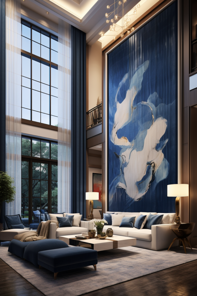 An aesthetically pleasing living room with a large blue painting on the wall.