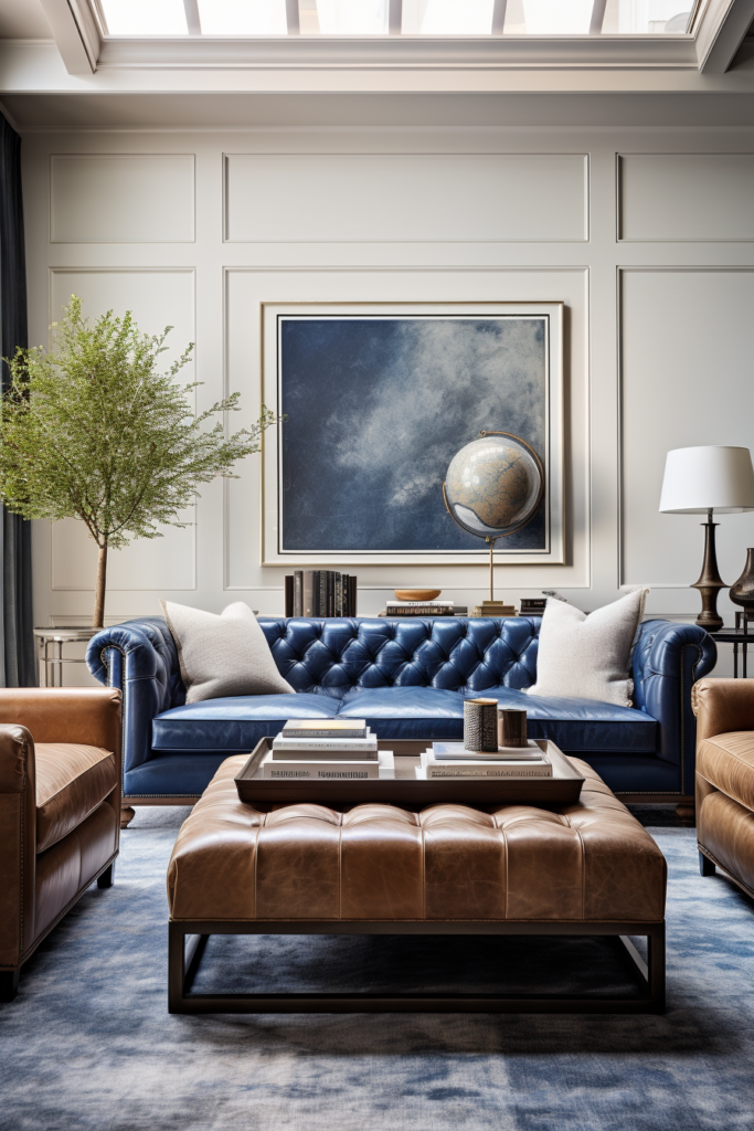 A living room with an awkward layout consisting of a blue leather couch and brown coffee table, seeking solutions for arranging rectangle spaces.