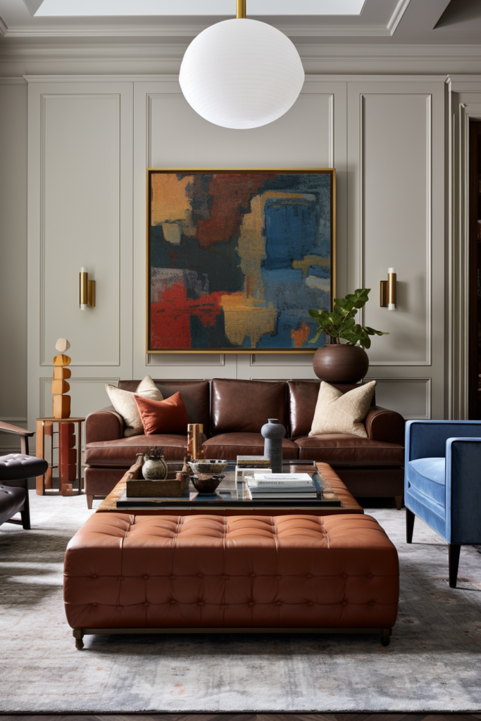 A living room with brown leather furniture and a large painting, offering solutions for awkward living room layouts