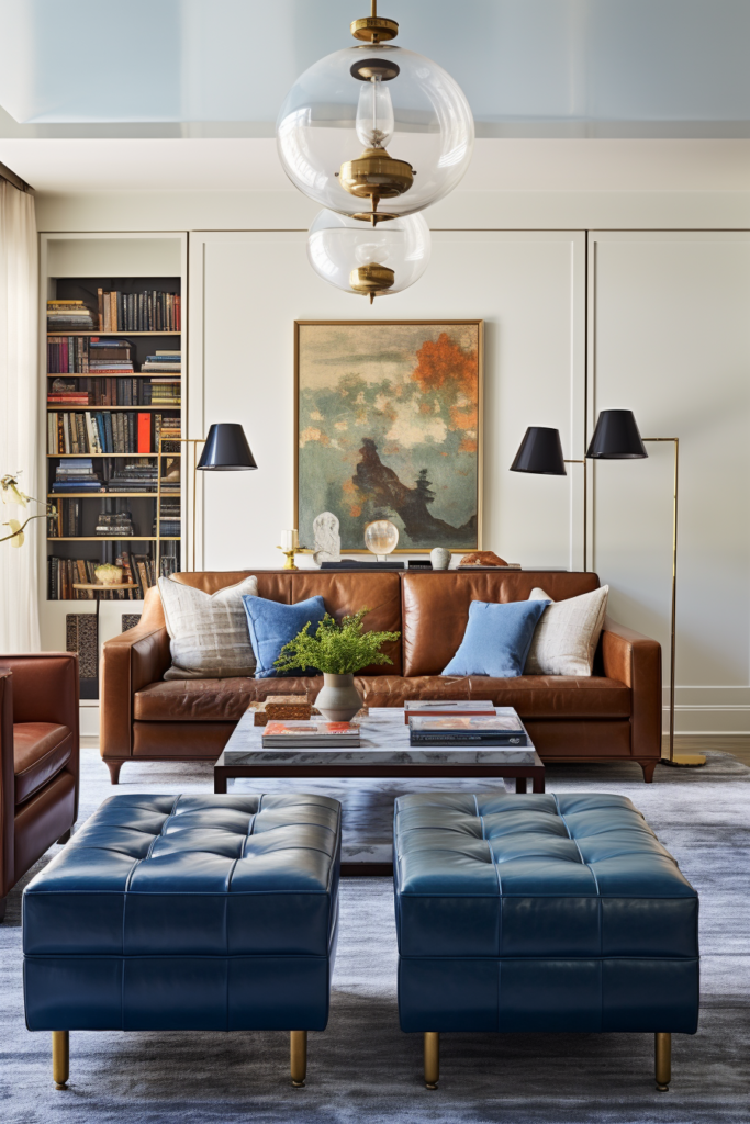 A living room with brown leather furniture and blue ottomans designed for rectangle spaces.