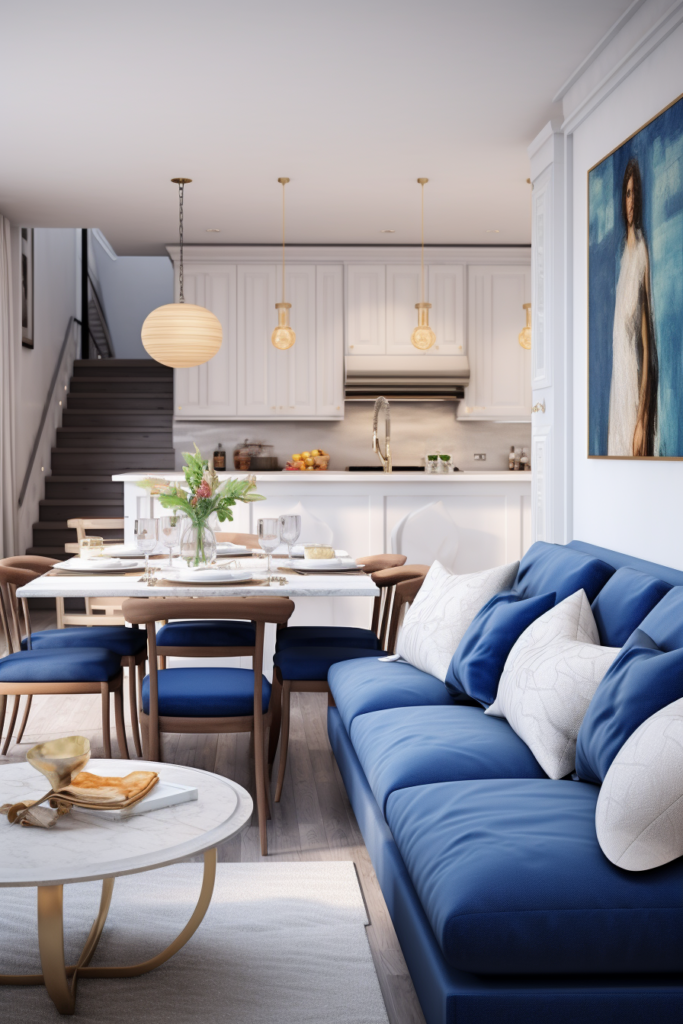 Arranging a living room with blue couches and a dining table to overcome awkward layouts.