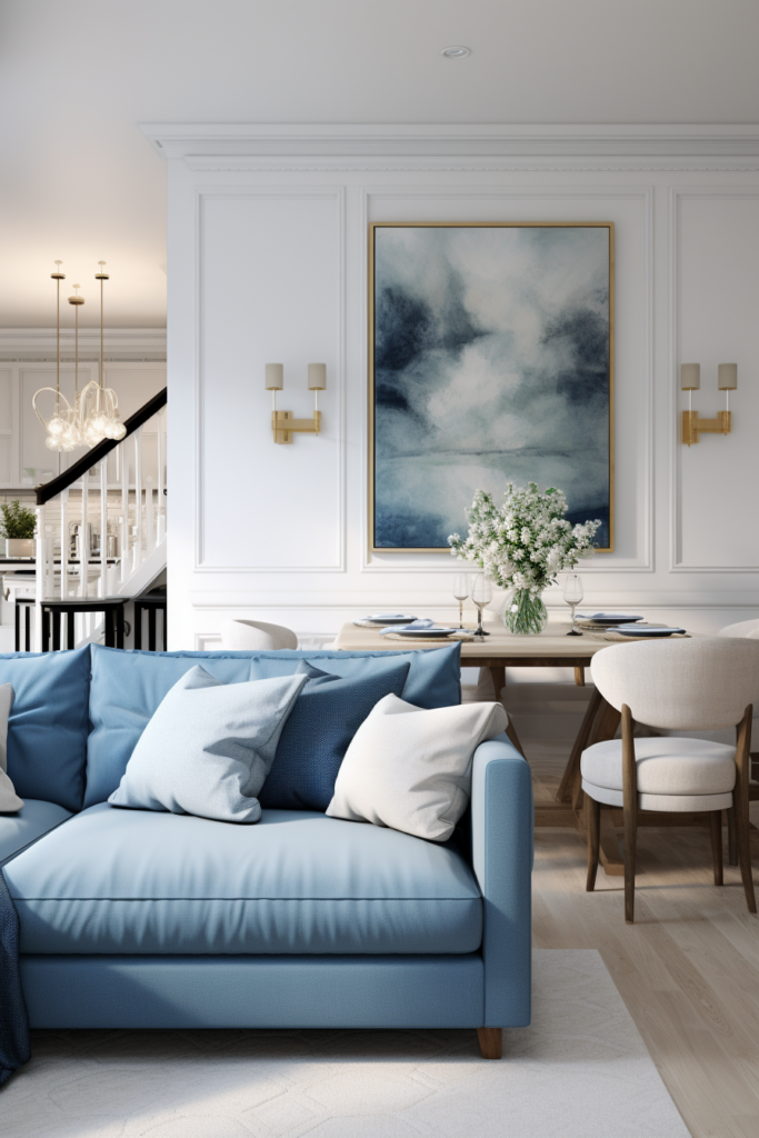 A living room with a blue couch and white walls, suitable for awkward living room layouts.