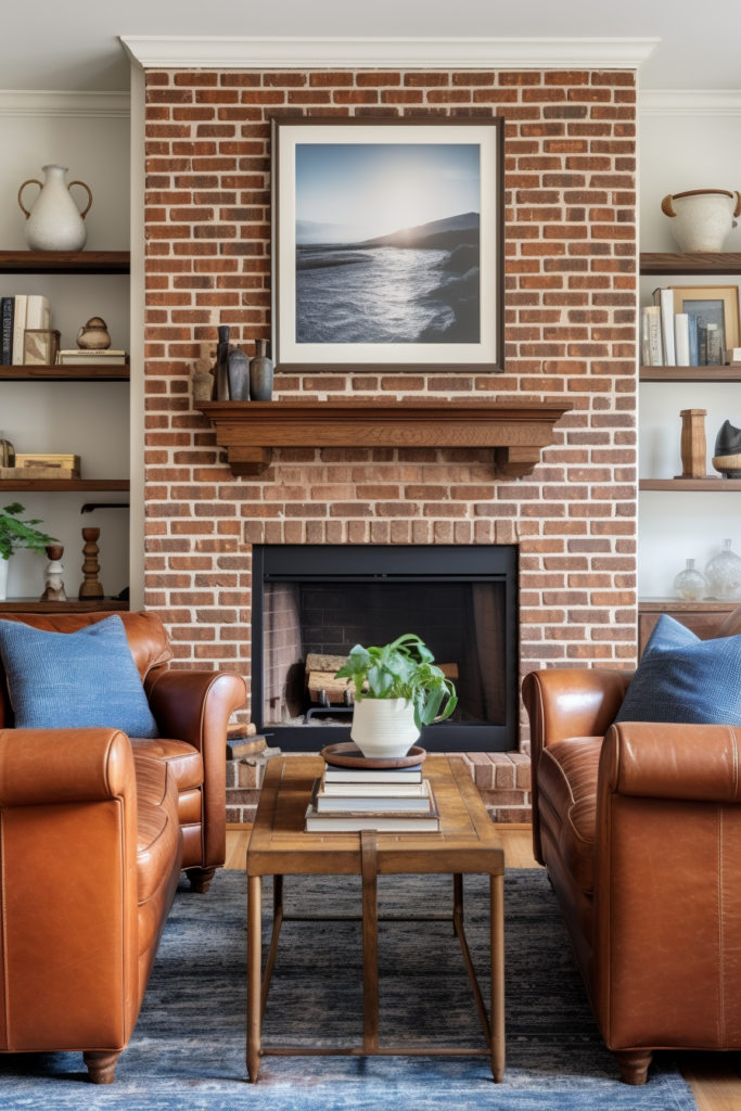 A living room with brown leather furniture and a brick fireplace, designed to overcome challenges of rectangle spaces.