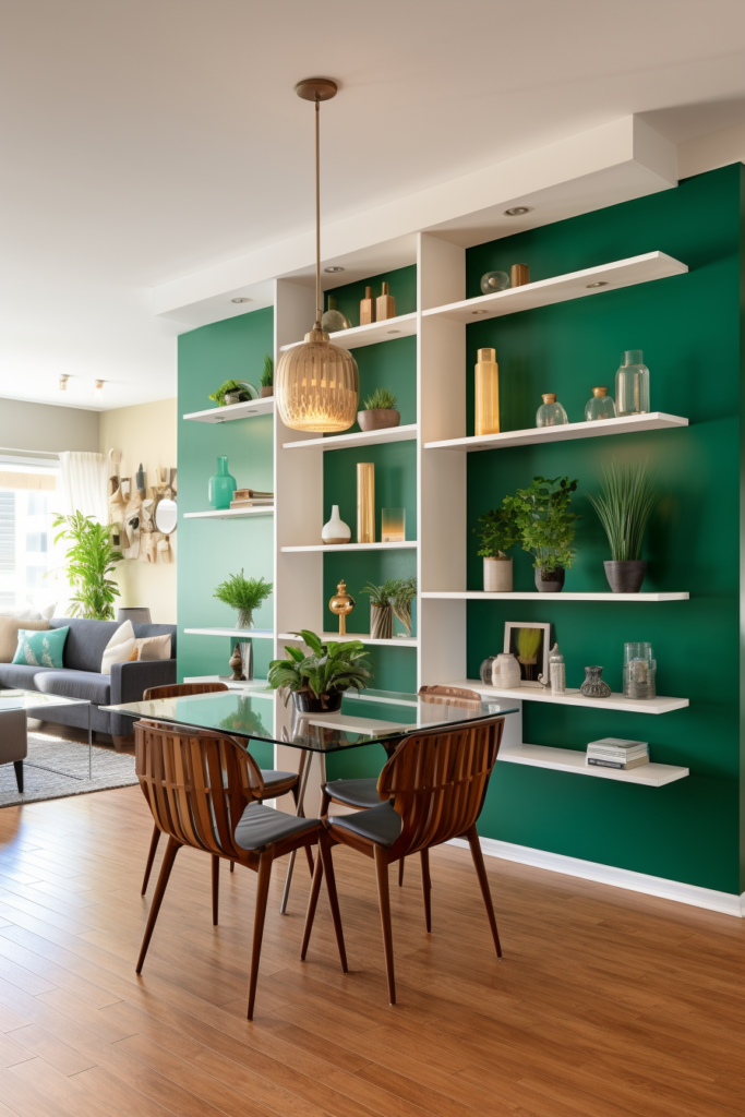 Overcoming the challenge of arranging a living room with green walls and a wooden table.
