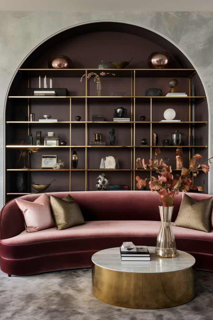 Overcoming the challenge of arranging a living room layout, this space features a stunning burgundy velvet sofa and elegant gold bookshelves.