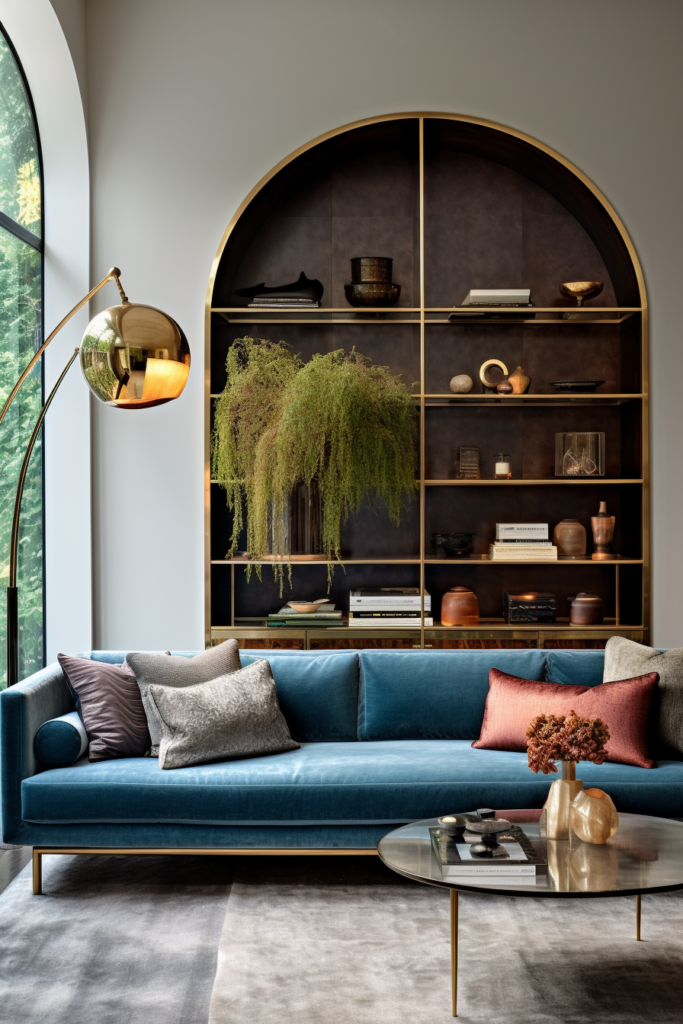 Overcoming an Awkward Living Room Layout with Solutions for Arranging Rectangle Spaces featuring a Blue Couch and Gold Accents.