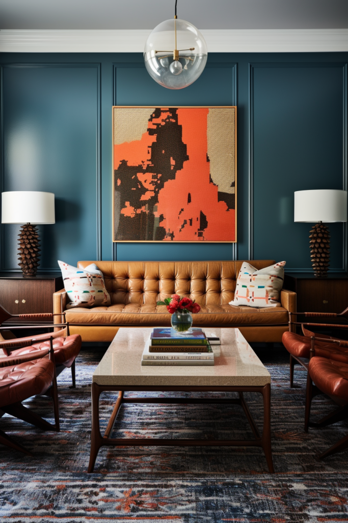 Overcoming the challenge of arranging a living room with blue walls and brown leather furniture