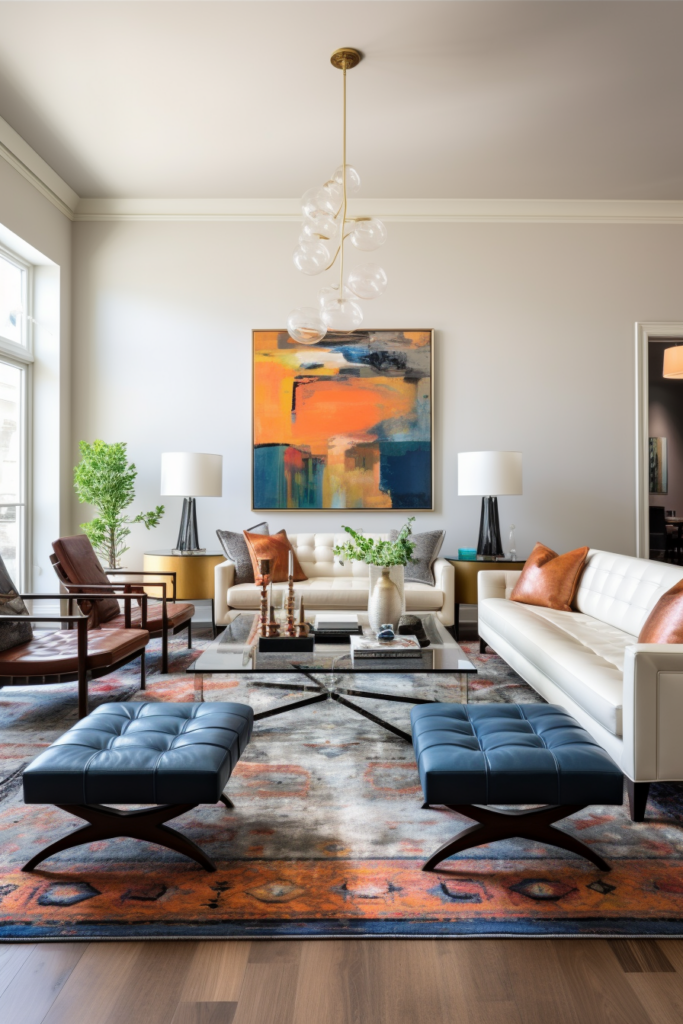 A living room with a large painting on the wall that provides solutions for awkward living room layouts.