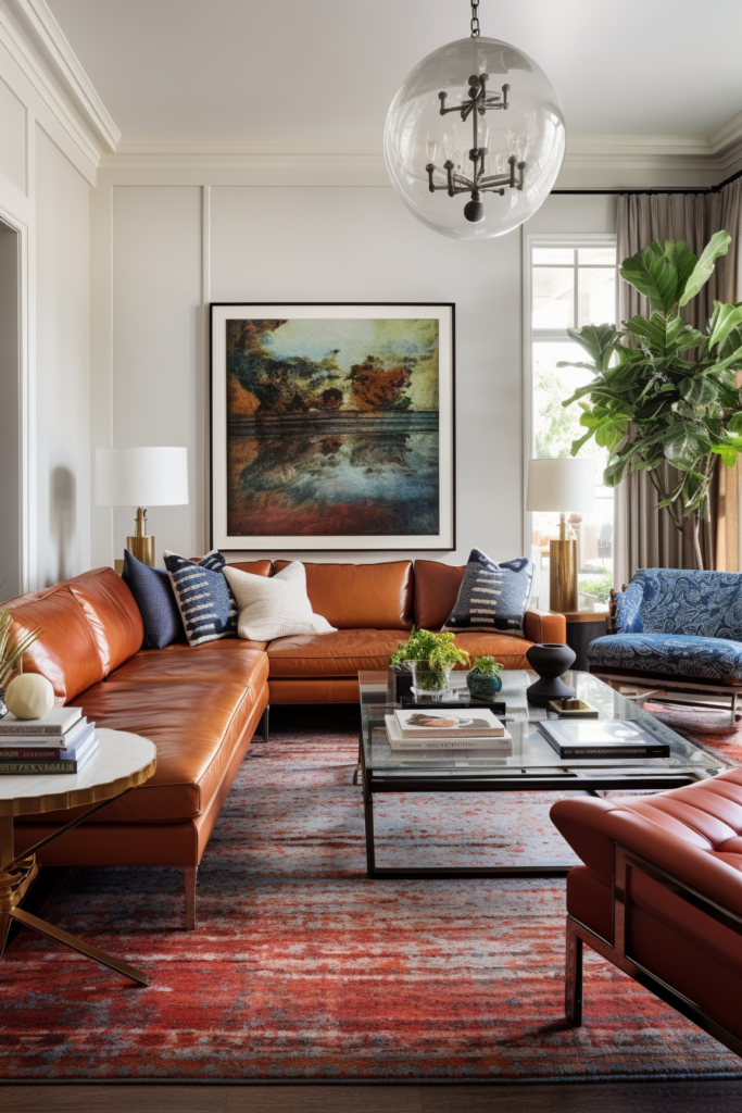 An awkward living room layout with brown leather furniture arranged on a blue rug.